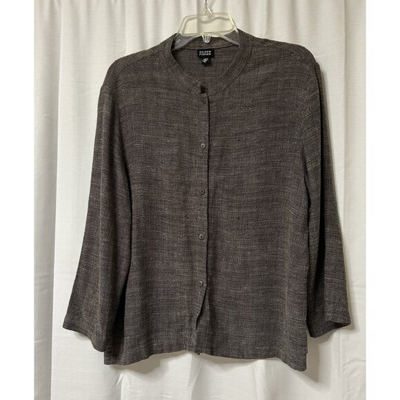 Eileen Fisher Gray Button Up Linen Blend Long Sleeve Top Women  L Boxy - Picture 1 of 6
